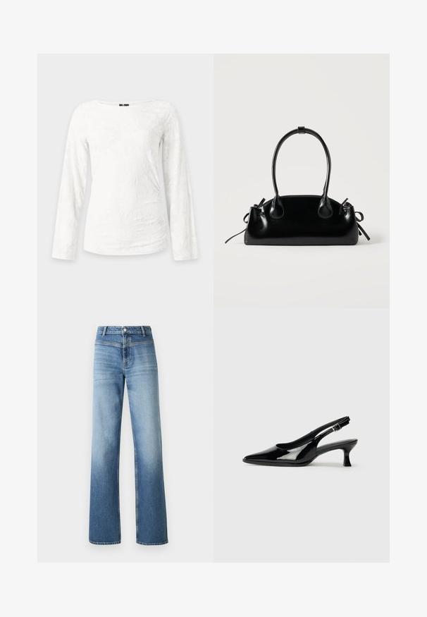 Top ajustado blanco de manga larga con un sutil patrón floral texturizado y cuello redondo, mostrado sobre un fondo claro y liso.; Vaqueros de mezclilla azul claro con cintura alta, diseño de pierna recta, lavado desgastado y estilo clásico de cinco bolsillos. Terminado con un cierre de botón.; Zapatos de charol negro tipo slingback con punta afilada y tacón bajo. Correa ajustable con hebilla en el tobillo.; Pequeño bolso negro brillante con dos asas largas y detalles de cordón lateral sobre un fondo claro liso.