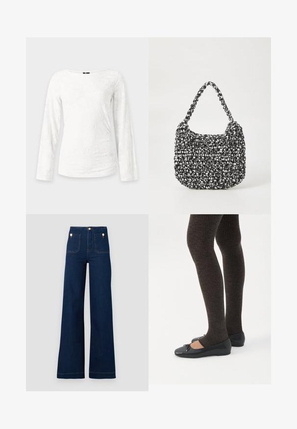 Top ajustado blanco de manga larga con un sutil patrón floral texturizado y cuello redondo, mostrado sobre un fondo claro y liso.; Jeans de tiro alto de pierna ancha en azul oscuro, con detalles de botones dorados, dos bolsillos en la parte delantera y trasera y costuras en contraste. Tejido de mezclilla texturizado.; Piernas con leggings oscuros acanalados combinados con bailarinas negras que presentan pequeños detalles de lazo sobre un fondo blanco.; Bolso de mano tejido en blanco y negro con forma redondeada, superficie texturizada y asa trenzada. Adecuado para uso casual.
