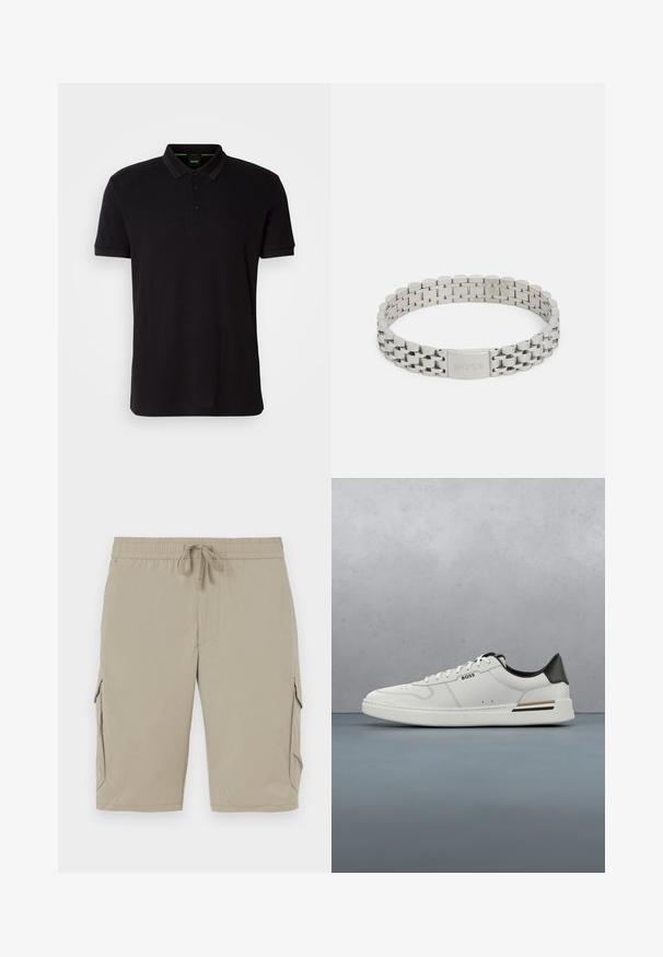 Polo shirt noir en tissu doux, avec un col classique, une patte de boutonnage à trois boutons et un logo brodé sur la poitrine.; Shorts cargo beiges avec une taille élastique et un cordon de serrage. Comprend des poches latérales et un tissu lisse et léger.; Sneaker basse blanche avec talon noir, fermeture à lacets, perforations subtiles et logo "BOSS" sur le côté, vue depuis le profil extérieur.; Bracelet en acier inoxydable argenté avec un design à maillons, doté d'un fermoir gravé avec "BOSS". Fini lisse et poli avec des bords arrondis.