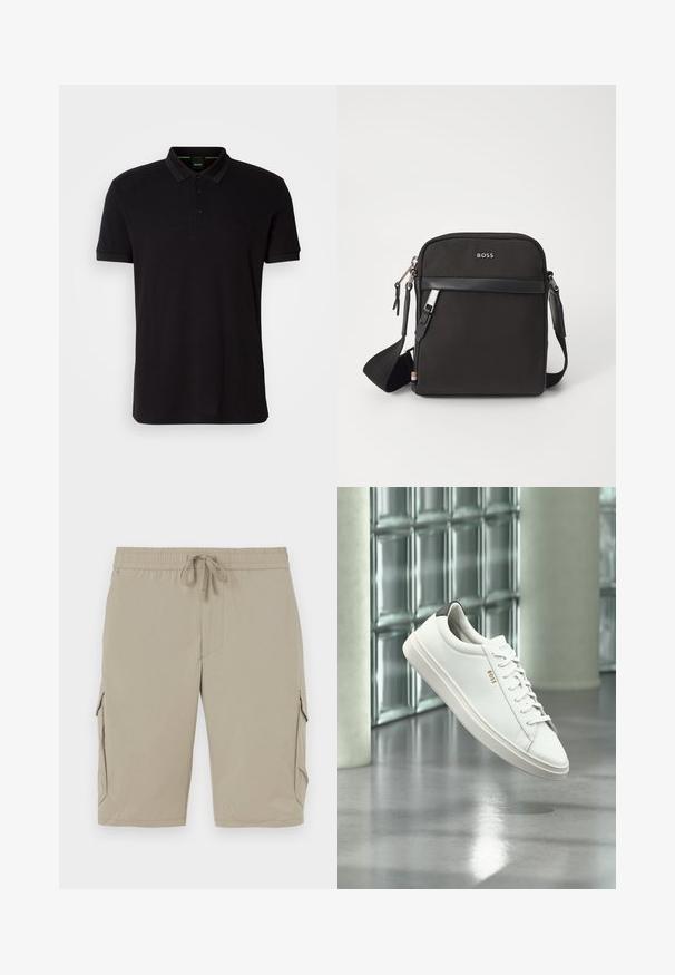 Zwarte polo shirt van zachte stof, met een klassieke kraag, een knoopsluiting met drie knopen en een geborduurd logo op de borst.; Beige cargoshorts met een elastische tailleband en een koord. Beschikt over zijzakken en een zachte, lichte stof.; Witte leren lage sneaker met veters, zwarte hielstrook en "BOSS"-logo, zwevend binnenshuis bij een glazen stenen muur en gepolijste vloer.; Zwarte schoudertas van textuurstof, met logo aan de voorkant, ritssluiting en verstelbare schouderband. Voorzien van een gladde leren rand.