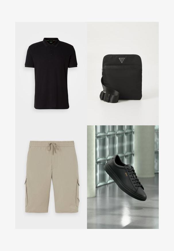 Polo negro hecho de una tela suave, con un collar clásico, tapeta de tres botones y un logo bordado en el pecho.; Pantalones cortos cargo beige con cinturilla elástica y cordón. Cuentan con bolsillos laterales y una tela suave y ligera.; Zapatilla baja de piel negra con cordones negros y logo dorado BOSS en el lateral, flotando sobre un suelo gris brillante en un espacio interior moderno.; Bolso cruzado de nylon negro con correa ajustable, cierre de cremallera, bolsillo frontal y emblema de logotipo en tono plateado. Forma rectangular plana, textura suave.