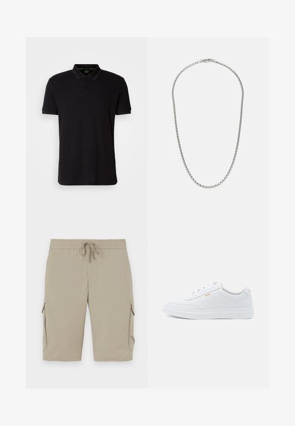 Sort polo shirt lavet af blødt stof, med klassisk krave, tre-knaps lukning og et broderet logo på brystet.; Beige cargo shorts med elastisk talje og snor. Har sidelommer og et glat, let stof.; Hvide lædersneakers med glat tekstur, rund tå og ton-i-ton syning. Har blå snørebånd og et gult logo på siden.; Sølv kæde med et skiftende led-design. Har flade, rektangulære led og en sikker lås, glat overflade gennem hele kæden.