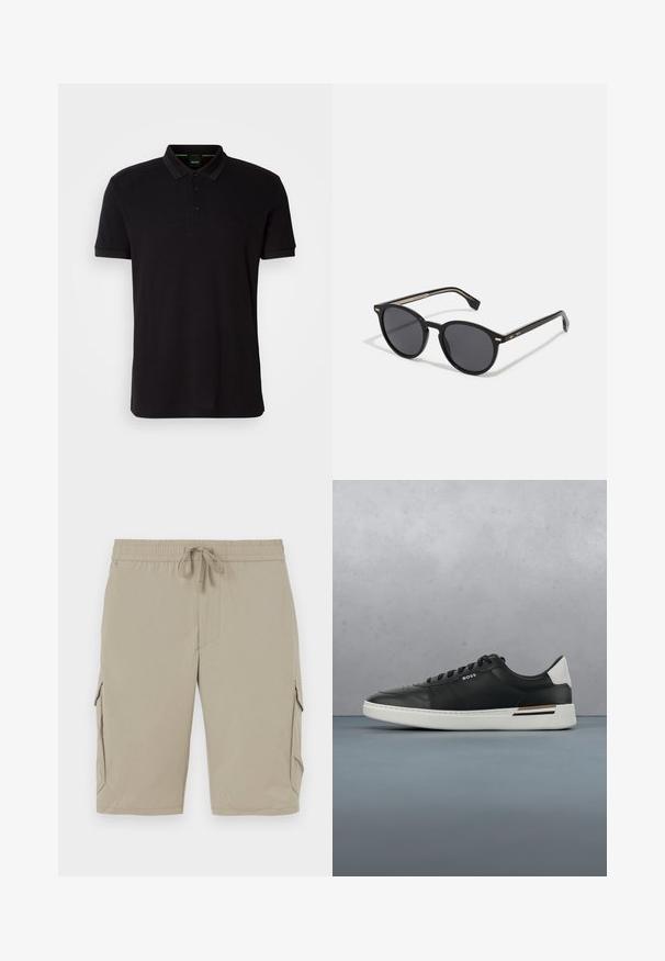 Zwarte polo shirt van zachte stof, met een klassieke kraag, een knoopsluiting met drie knopen en een geborduurd logo op de borst.; Beige cargoshorts met een elastische tailleband en een koord. Beschikt over zijzakken en een zachte, lichte stof.; Zwarte leren sneaker met witte zool, voorzien van perforaties, vetersluiting, logo aan de zijkant en contrasterend hieldetail in wit en bruin.; BOSS Zonnebril - black