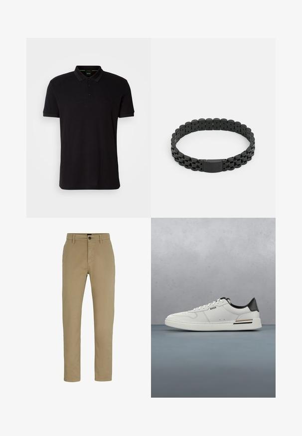Čierna polokošeľa vyrobená z jemnej tkaniny, s klasickým golierom, zapínaním na tri gombíky a vyšitým logom na hrudi.; Bežové bavlnené chino nohavice so slim fit strihom, plochým predným dielom a zapínaním na gombík. Obsahujú pútka na opasok a bočné vrecká pre praktickosť.; Biele nízke tenisky s čiernou pätou, viazaním, jemnými perforáciami a logom "BOSS" na boku, zobrazené z vonkajšieho profilu.; BOSS OWAN - Náramok - black