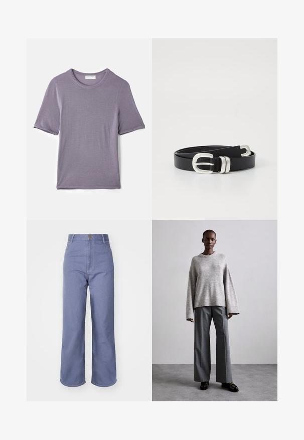 Paarse korte mouwen T-shirt van zachte stof, met een ronde hals en een rechte zoom, met een gladde textuur en geen zichtbare patronen.; Lichtblauwe wijd-uitlopende jeans van denim, met een hoge taille, sluiting met voorknop en zichtbare stiksels op de zakken en naden.; Grijze gebreide trui met brede mouwen en geribbelde onderrand, gecombineerd met hoge grijze broeken met een subtiel ruitenpatroon en zwarte loafers.; Zwarte leren riem met een zilverkleurige dubbele gesp. Gladde textuur, platte vorm, voorzien van gaatjes voor aanpassing en een slank ontwerp.