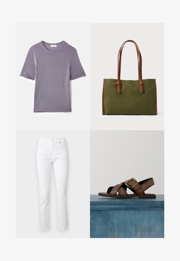 Lilla kortærmet t-shirt lavet af blødt stof, med en rund hals og en lige kant, med en glat tekstur og uden synlige mønstre.; Hvide denimjeans med lige ben, fem-lomme design og metalknaplukning, der har en glat tekstur og minimal syning.; Brun lædersandal med brede krydsede remme og en stor guldbeslag, vist svævende over en beton gulv indendørs.; Grøn rektangulær indkøbstaske med brune læderhåndtag og kant, med en lille gylden "W"-emblem midt på fronten.
