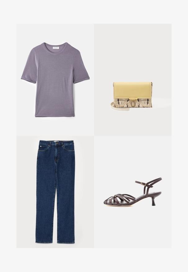 Lilla kortærmet t-shirt lavet af blødt stof, med en rund hals og en lige kant, med en glat tekstur og uden synlige mønstre.; Denim jeans i mørkeblå farve, lige ben design, fem-lommer stil, med en robust talje og synlige syning detaljer.; Mørkebrun læder sandal med smalle remme, kitten heel og justerbar ankelrem med spænde på hvid baggrund.; Lille clutchtaske med gul læderklap og kropsdel med slangeprint, med en tynd håndledsrem og lås i guldfarve på ensfarvet baggrund.
