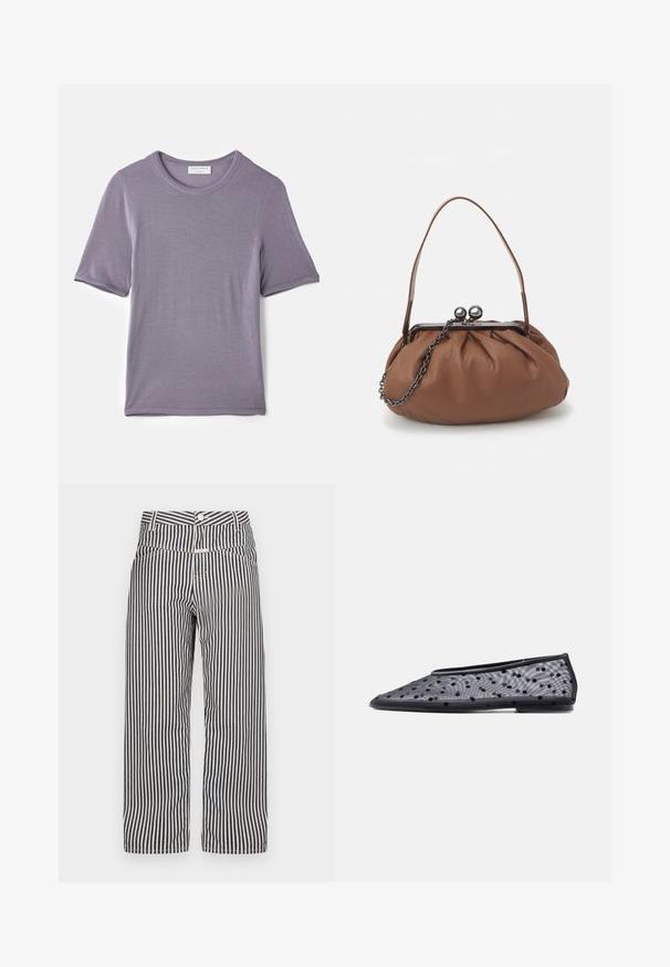Lila Kurzarm-T-Shirt aus weichem Stoff, mit Rundhalsausschnitt und geradem Saum, glatter Textur und ohne sichtbare Muster.; Gestreifte weite Hose in Marineblau und Weiß. Mit Knopfverschluss, Vordertaschen und einem glatten, leichten Stoff.; Schwarzer flacher Schuh mit spitzer Zehe, transparentem Stoff und schwarzem Polka-Dot-Muster auf hellem Hintergrund.; Braune Leder-Handtasche mit gerafftem Design, einem kurzen Ledergriff und einem Kettenriemen. Sie verfügt über einen silbernen Metallverschluss mit zwei runden Akzenten.