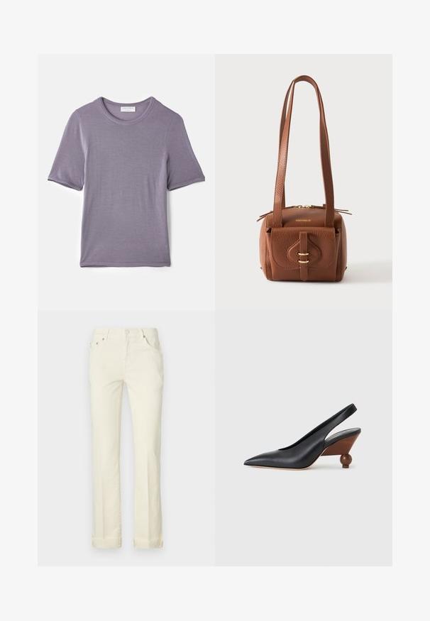 Lilla kortærmet t-shirt lavet af blødt stof, med en rund hals og en lige kant, med en glat tekstur og uden synlige mønstre.; Lys gule straight-leg jeans lavet af bomuld, med fem lomme-design, bæltestropper og opbrettede manchetter ved kanten.; Sort slingback-sko med spids tå, træblokhæl med rund form og glat læderoverdel på en lysegrå baggrund.; Brun struktureret læderhåndtaske med lange stropper, en forlommer sikret med en rem med to guldringe og guldfarvet lynlåsdetalje på toppen.