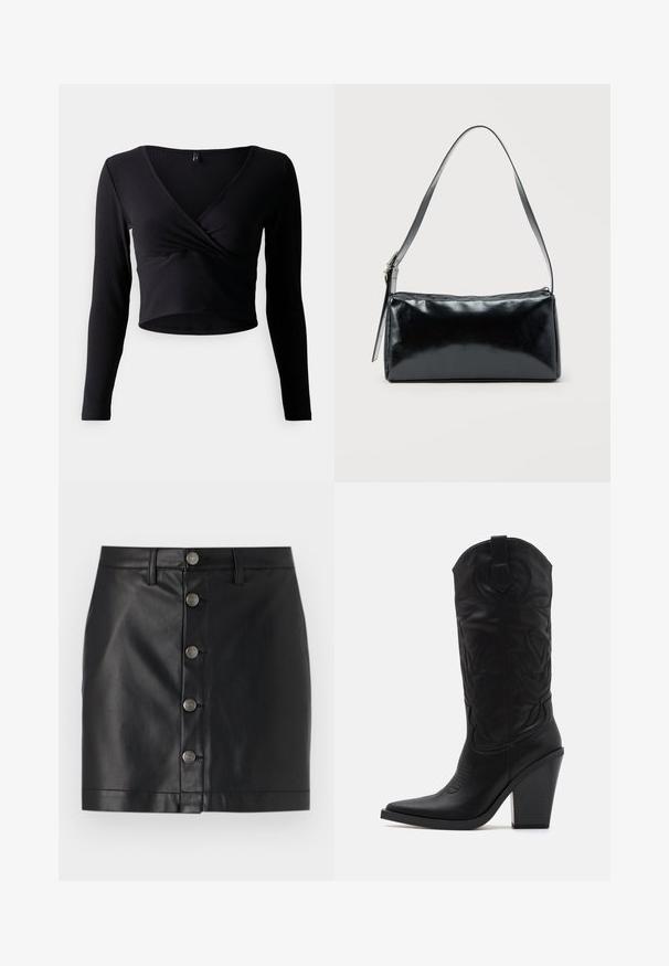Čierny rebrovaný dlhý rukáv crop top s výstrihom do V a skrúteným predným dizajnom. Hladká textúra s priliehavým strihom, ktorý má minimálne švy.; Čierna kožená sukňa so priliehavým strihom, s piatimi striebornými kovovými gombíkmi na prednej strane a rovnou lemovaním. Hladká textúra.; Simmi London DANIQUE - Topánky na vysokom opätku - black; Čierna obdĺžniková kabelka na rameno s jedným nastaviteľným remienkom a horným zipsom na jednofarebnom pozadí.