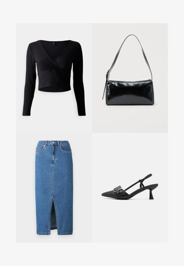 Crop top noir en maille côtelée à manches longues avec un col en V et un design avant torsadé. Texture lisse avec une silhouette ajustée, présentant des coutures minimales.; Jupe midi en denim bleue. Elle présente une fente avant, une taille haute et un design à cinq poches. Coutures classiques et accents en métal.; Simmi London DALA - Escarpins - black; Sac d'épaule rectangulaire noir avec une sangle réglable unique et une fermeture éclair supérieure sur un fond uni.