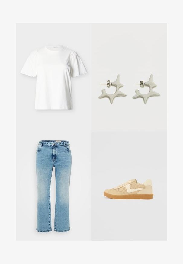 Blusa blanca de manga corta con mangas abullonadas con bordes en forma de ondas y escote redondo, mostrada sobre un fondo liso de color gris claro.; Vaqueros de mezclilla azul claro con corte recto, que cuentan con un cierre de botón, cinco bolsillos y un ligero desgaste en las rodillas.; Zapatillas beige con materiales de ante y malla, forma redondeada, cuello acolchado prominente y suela de goma. Presenta un diseño en forma de ola como acento.; Pendientes plateados con un diseño distintivo y abstracto, con formas irregulares y acabado brillante. Incluyen cierre de tuerca para su sujeción.