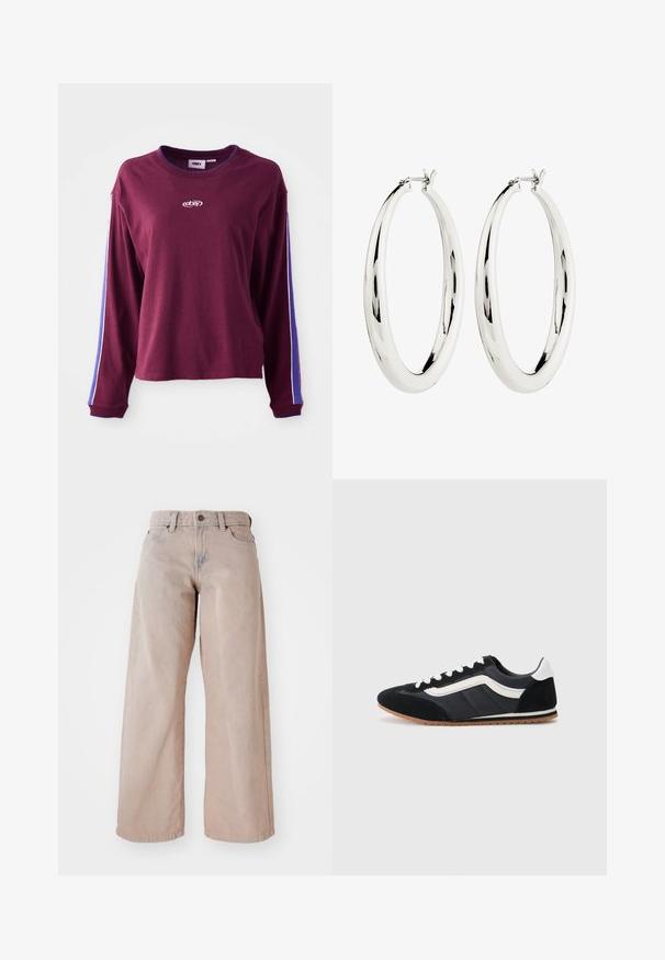 Burgunderfarbendes Langarmhemd aus Baumwolle, mit blauen und weißen Streifen an den Ärmeln und einem Logo in der Mitte. Normale Passform.; Beige weit geschnittene Jeans mit hohem Bund, Fünf-Taschen-Design und Knopfverschluss. Der Stoff hat eine weiche Textur und eine leichte Ausbleichung an der Vorderseite.; Schwarzer Sportschuh mit Obermaterial aus Wildleder und Textil, weißen Akzenten, sechs Ösen und Gummisohle. Schlanker Schnitt mit niedrigem Profil.; Silberne Creolen mit einer glatten, reflektierenden Oberfläche. Runde, große Form mit einem sicheren Verschluss an der Oberseite. Polierte Oberfläche betont den Glanz.