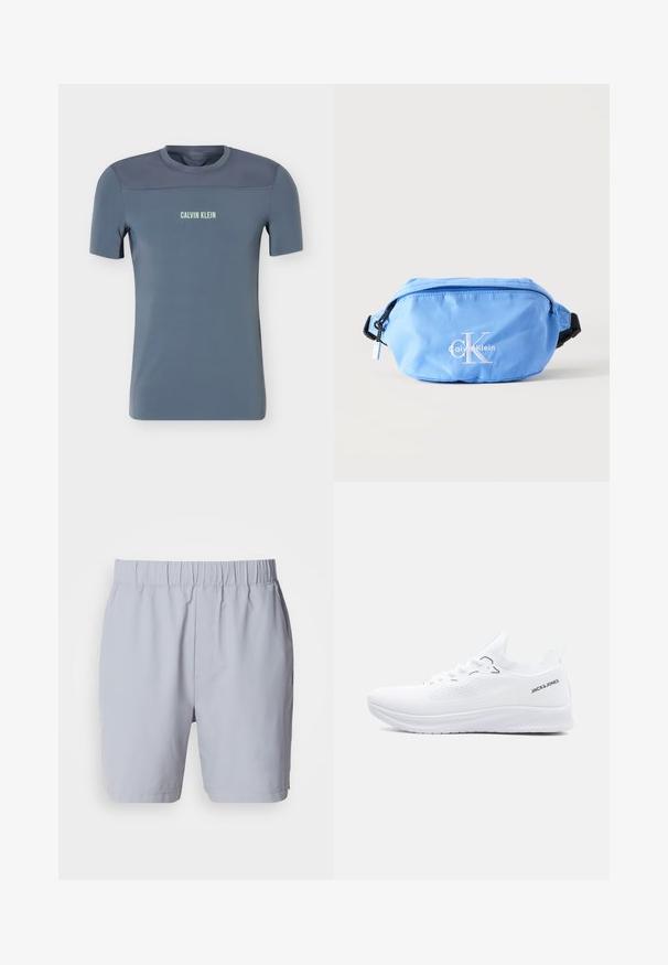 Herre kortærmet blå atletisk skjorte med mesh øverste panel og "Calvin Klein" logo centreret på brystet foran.; Lysegrå badebukser med elastisk talje, to sidelommer og et glat, letvægtsstof. Ingen synlige mønstre eller udsmykninger.; Hvid strikket lavtop-sneaker med tekstureret sål, snørelukning foran og "JACK & JONES" logo på hælkantens side.; Lyseblå Calvin Klein bæltetaske med hvidt logo, sort justerbar strop og lynlåslukning på ensfarvet baggrund.