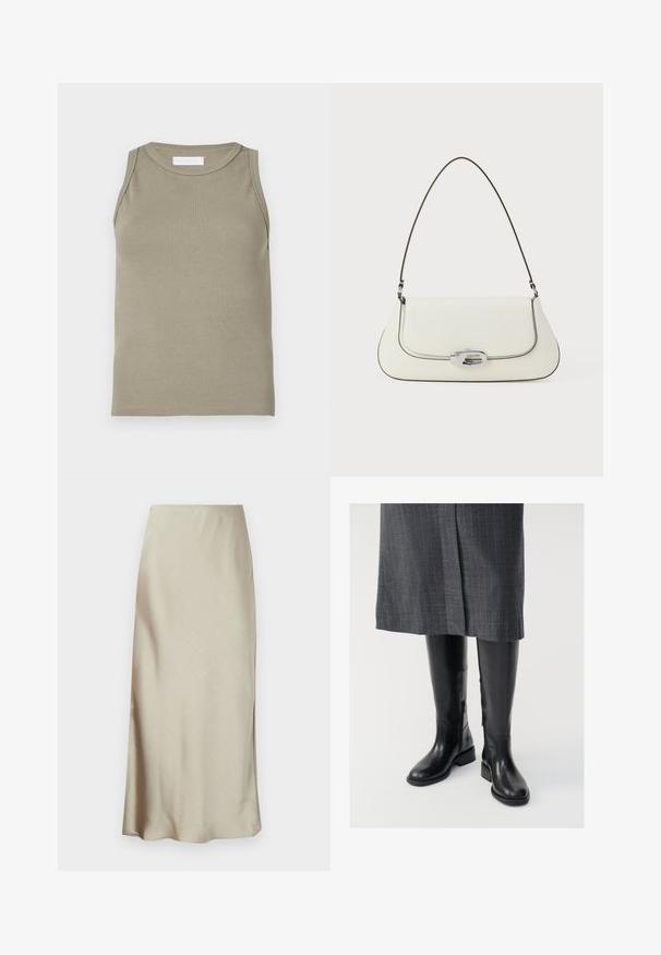 Ribbet tanktop i olivengrøn med rund halsudskæring og ærmeløs design. Fremstillet af blødt, elastisk materiale med en tætsiddende pasform.; En lang, lys beige nederdel lavet af glat stof har en subtil glans og en flagrende kant, hvilket giver et strømlinet, minimalistisk design.; Knæhøje sorte læderstøvler med en glat tekstur, lynlåse i siden og en flad sål. Støvlerne har et struktureret skaft og minimalt hardware.; Hvid lædertaske med et buet design, kontrasterende sort syning og en sølvfarvet beslaglås med Calvin Klein-logoet.