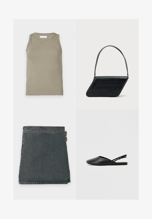 Ribbet tanktop i olivengrøn med rund halsudskæring og ærmeløs design. Fremstillet af blødt, elastisk materiale med en tætsiddende pasform.; DEnim indpakket nederdel i mørkeblå med en tekstureret overflade, der har to sidelukninger og en lige kant. Synede sømme er synlige langs kanterne.; Sorte læderslippers med spids tå, buet design og justerbar spænde. Glat tekstur, flad sål, minimalistisk detaljering.; Sort skuldertaske i læder med trekantet form, præget logo og en enkelt justerbar rem. Minimalistisk design med glat tekstur.