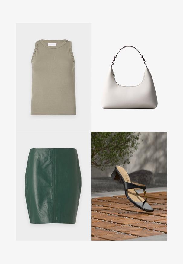 Camiseta sin mangas de canalé en verde oliva, con escote redondo y diseño sin mangas. Hecha de material suave y elástico con una silueta ajustada.; Minifalda de cuero verde con una textura suave y forma ajustada. Presenta un diseño sin costuras y sin cierres o herrajes visibles.; Sandalia negra de tacón con lazo para el dedo y acento dorado, colocada sobre una superficie pavimentada de madera y piedra al aire libre cerca de vegetación.; Bolso de hombro de cuero color crema de Calvin Klein con borde superior curvado, cremallera plateada y correa ajustable marrón oscuro.