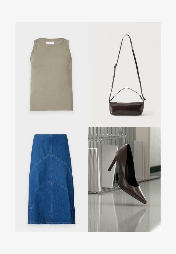 Ribbet tanktop i olivengrøn med rund halsudskæring og ærmeløs design. Fremstillet af blødt, elastisk materiale med en tætsiddende pasform.; Denim blyantskirt i mørkeblue med lodrette sømdetaljer og en lige silhuet. Har en talje og rå kant.; Mørkebrunt læderhæl med høj hæl, der svæver over en reflekterende gulvplade nær en metalhylde med hvide paneler i et rum.; Lille blank mørkebrun læder skuldertaske med justerbar rem, top håndtag og gyldent lynlås lukning.