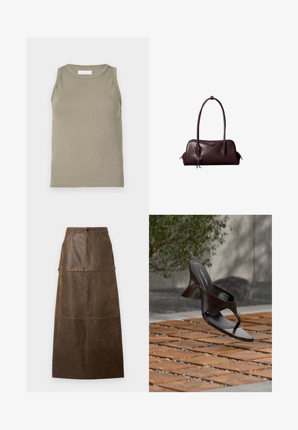 Ribbet tanktop i olivengrøn med rund halsudskæring og ærmeløs design. Fremstillet af blødt, elastisk materiale med en tætsiddende pasform.; Brun læder midi-nederdel med høj talje, frontlommer og en glat overflade med synlige syninger.; Brun Calvin Klein hælet thong sandal svævende over træflise og grus udendørs med sløret grønt og stenmur i baggrunden.; Mørkebrun lædertaske fra Calvin Klein med lange dobbelte håndtag og en lille logohængende ved det ene håndtag.