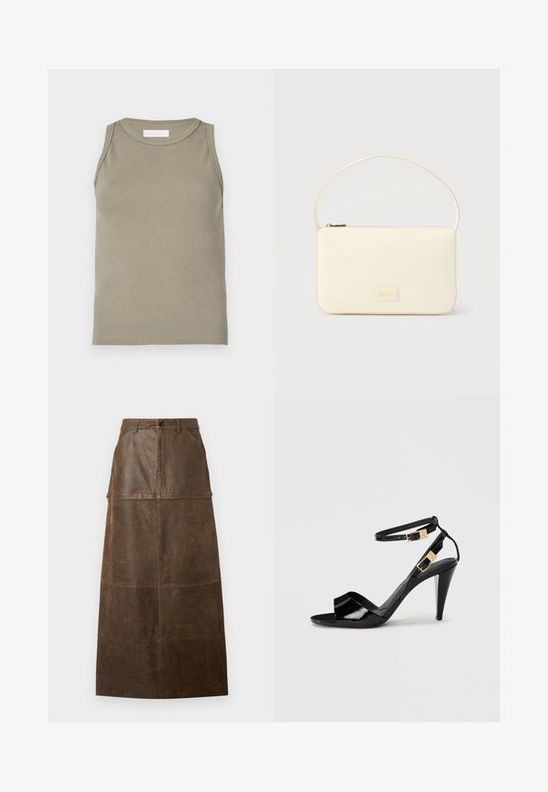 Ribbet tanktop i olivengrøn med rund halsudskæring og ærmeløs design. Fremstillet af blødt, elastisk materiale med en tætsiddende pasform.; Brun læder midi-nederdel med høj talje, frontlommer og en glat overflade med synlige syninger.; Sorte patentlæder højhælede sandaler med dobbelte ankelremme og guldspænder, åben tå og slank taperet hæl på neutral baggrund.; Kremfarvet rektangulær håndtaske med en enkelt rem og lynlås øverst, med en lille præget logo-plakette foran.