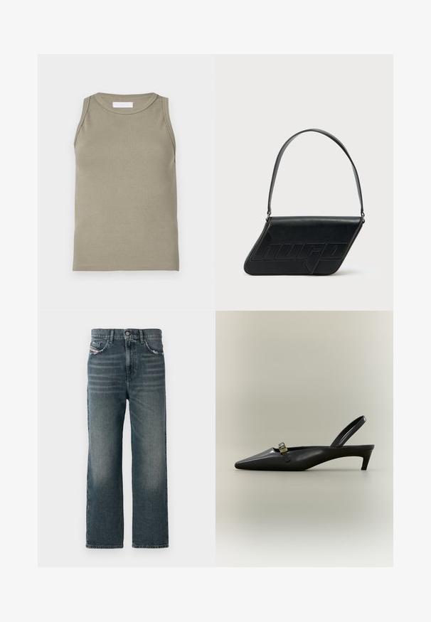 Ribbet tanktop i olivengrøn med rund halsudskæring og ærmeløs design. Fremstillet af blødt, elastisk materiale med en tætsiddende pasform.; Mørkeblå lige jeans med en falmet tekstur, fem-lomme design og en lille logodetalje på forsiden lommen.; Sort læder slingback med kitten heel, spids tå og lille guldfarvet spænde på en ensfarvet baggrund.; Sort skuldertaske i læder med trekantet form, præget logo og en enkelt justerbar rem. Minimalistisk design med glat tekstur.