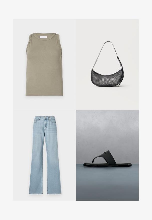 Geripptes Tanktop in Olivgrün mit rundem Halsausschnitt und ärmellosem Design. Hergestellt aus weichem, dehnbarem Material mit figurbetonter Passform.; Hellblaue weit geschnittene Jeans aus Denim, mit hoher Taille, Fronttaschen und dezentem Verblassen des Stoffs.; Schwarze Calvin Klein Zehensandale, die über Holzlatten mit kleinen Steinen im Freien schwebt, unscharfer Hintergrund mit Grünpflanzen und Betonwand.; Kleine schwarze Netz-Schultertasche in Halbmondform mit verstellbarem dünnem Riemen vor schlichtem, hellem Hintergrund.