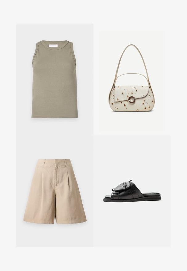 Débardeur côtelé vert olive, avec un col rond et un design sans manches. Confectionné en matière douce et extensible avec une silhouette ajustée.; Shorts en coton beige avec des plis, dotés d'une taille haute et d'une coupe droite. Leur texture lisse et leur design ajusté offrent une apparence structurée.; Sandale slide en cuir noir avec semelle rembourrée et détail d'une pochette zippée à l'avant sur la bride.; Sac à main couleur crème avec des taches marron, rabat incurvé avec une fermeture métallique circulaire, doté de deux fines anses, dont une plus longue pour porter à l'épaule.