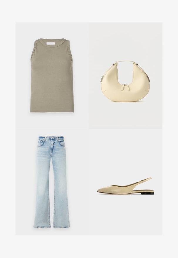 Geripptes Tanktop in Olivgrün mit rundem Halsausschnitt und ärmellosem Design. Hergestellt aus weichem, dehnbarem Material mit figurbetonter Passform.; Hellblaue, ausgestellte Jeans aus Denim mit weicher Textur, fünf Taschen und Knopfverschluss. Mit Verblassungen für einen getragenen Effekt.; Beiger Slingback-Ballerina mit spitzer Kappe, niedrigem schwarzem Absatz und glattem Lederfinish, seitlich auf einfarbigem Hintergrund gezeigt.; Beigefarbene handtasche in halbmondform mit doppeltem reißverschluss und kurzem griff, mit silbernen metallakzenten an den seiten.