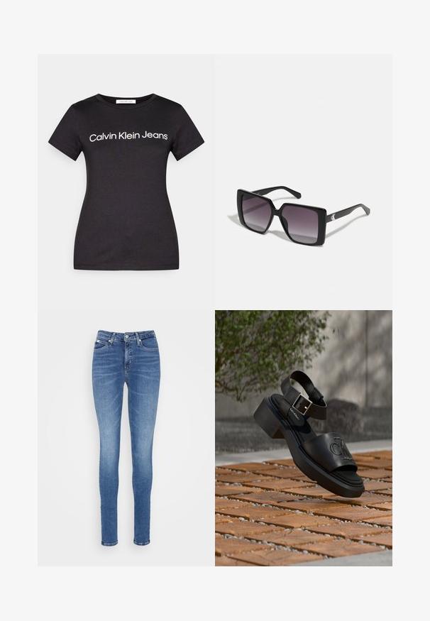 Zwarte T-shirt met korte mouwen en ronde hals met witte "Calvin Klein Jeans" tekst in het midden op de borst.; Skinny jeans in mediumblauwe denim, met een hoge taille, zachte textuur, twee voorzakken en één achterzak.; Zwarte leren Calvin Klein sandaal met enkelriem en gesp die boven een houten en stenen betegelde buitenvloer zweeft.; Zwarte vierkante zonnebrillen met gradiënt grijze lenzen. Glanzende monturen met strakke lijnen. Zilveren logo-accent op de veren.