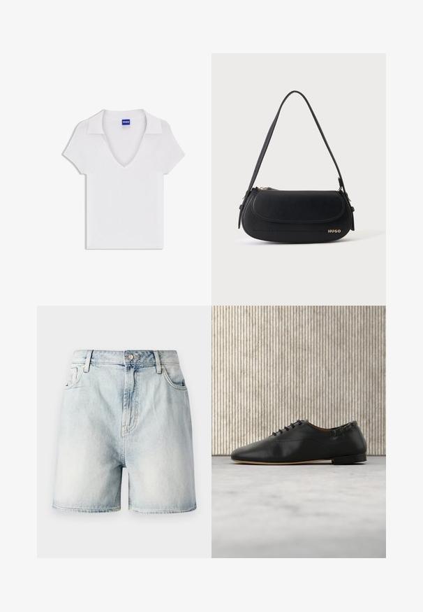 Chemise blanche à manches courtes avec col en V et large col, en tissu texturé, avec une étiquette bleue « HUGO » à l'intérieur de l'encolure.; Shorts en denim bleu clair avec fermeture par bouton, cinq poches et une texture délavée. Coupe droite au design classique.; Chaussure plate en cuir noir à lacets, bout arrondi et petit talon, vue de profil droit sur un fond clair.; Sac à épaule en cuir noir avec rabat incurvé, logo doré "HUGO" sur le devant, et une bandoulière réglable.