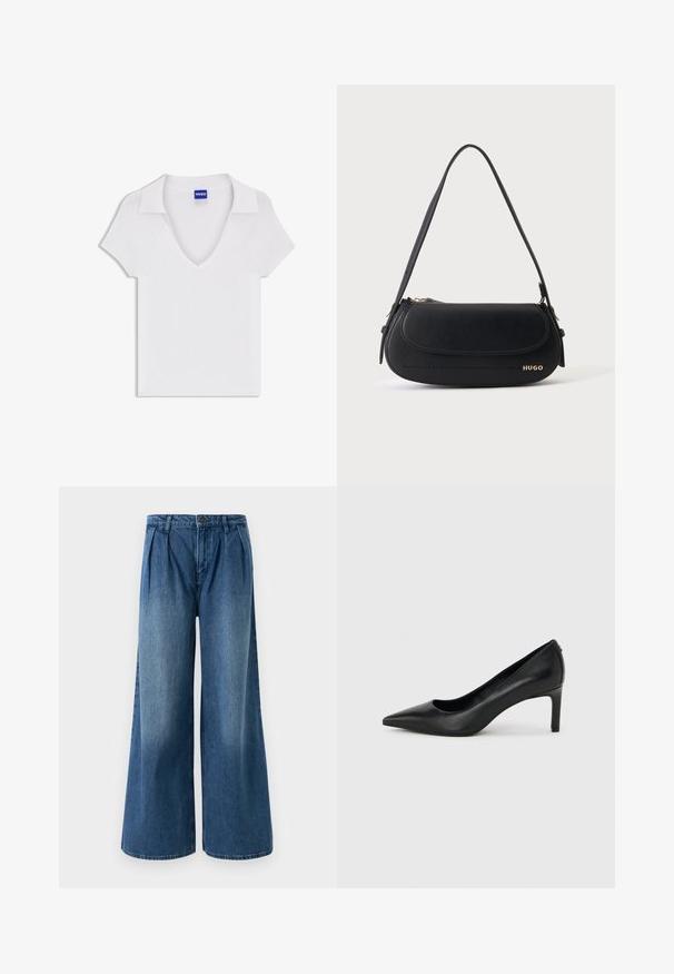 Chemise blanche à manches courtes avec col en V et large col, en tissu texturé, avec une étiquette bleue « HUGO » à l'intérieur de l'encolure.; Jeans évasés en denim bleu moyen, avec des plis au niveau de la taille et un design à plat à l'avant. Ourlet simple sans embellissements visibles.; Escarpin à bout pointu en cuir noir avec un talon fin de hauteur moyenne sur un fond gris clair uni.; Sac à épaule en cuir noir avec rabat incurvé, logo doré "HUGO" sur le devant, et une bandoulière réglable.