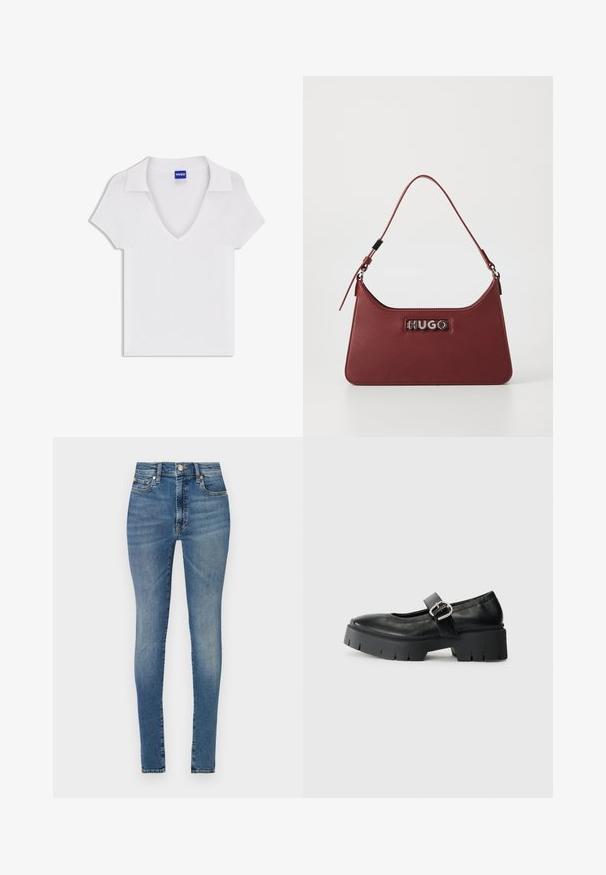 Witte korte mouw shirt met V-hals en brede kraag, gemaakt van gestructureerde stof, met een blauwe "HUGO" label aan de binnenkant van de halslijn.; Hoge taille skinny jeans in lichtblauwe denim, met vijf zakken, riemlussen en een rits met knoopsluiting.; Zwarte leren Mary Jane schoenen met een chunky plateauzool, ronde neus en zijgespsluiting. Glad uiterlijk met minimale stiksels.; Kleine rechthoekige bordeauxrode leren handtas met een verstelbare schouderband en een zilveren "HUGO" logo plaatje aan de voorkant.