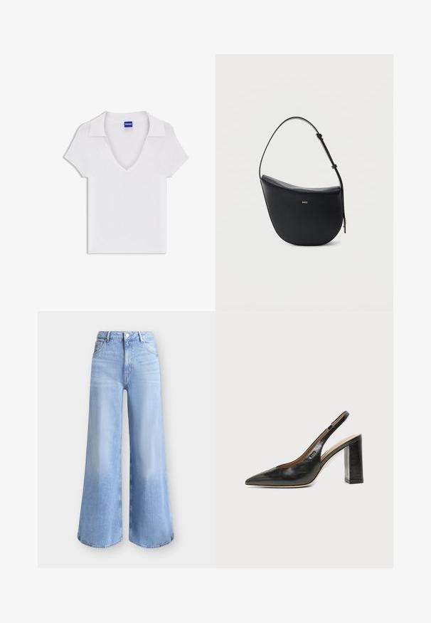 Chemise blanche à manches courtes avec col en V et large col, en tissu texturé, avec une étiquette bleue « HUGO » à l'intérieur de l'encolure.; Jean denim bleu clair à coupe large, taille haute, bouton à l'avant, fermeture éclair et design cinq poches.; Chaussure slingback en cuir noir à bout pointu avec un talon bloc haut et une doublure intérieure beige sur un fond clair uni.; Sac à bandoulière en cuir noir en forme de demi-lune avec une bandoulière réglable et le logo doré « BOSS » centré sur le devant.