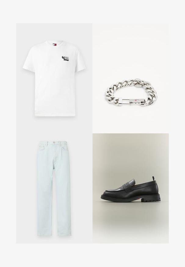 Hvid bomulds T-shirt med korte ærmer, forsynet med et sort "Tommy Jeans" grafisk logo på venstre bryst. Klassisk rund halsudskæring.; Lyseblå lige bukser lavet af denim, med knaplukning, diskret slid, og fem-lomme design.; Sort læderloafer med tekstureret remdetalje, chunky sål, trækstrop ved hælen og subtil farvet stribe på sålens side.; Tommy Hilfiger WILD - Armbånd - silver-coloured