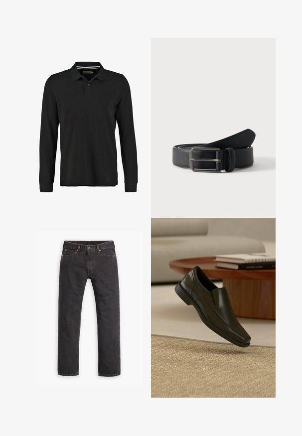 Sort langærmet polo-shirt lavet af bomuld. Har en placket med to knapper, ribbet krave og en diskret stribet detalje under kraven.; Sorte straight-leg denim jeans med fem lommer, knaplukning og copper nitter liggende fladt på en hvid baggrund.; Sort slips-på-klædeskost i læder svævende over beige vævet tæppe med rundt træ-sofabord og stabler af bøger i baggrunden.; Sort læderbælte rullet med rektangulært sølvfarvet metalspænde på en ensartet lys baggrund.