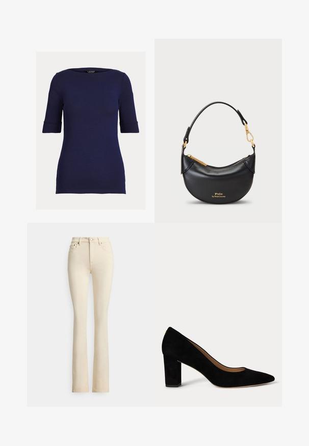 Marineblauw aangesloten top met korte mouwen, ronde halslijn en omgeslagen mouwen.; Beige jeans met uitlopende pijpen en een hoge taille, voorzien van twee steekzakken aan de voorkant en een knoopsluiting. Soepele textuur en minimale stikseldetails.; Zwarte suède damesschoen met lage blokhak, spits toelopende neus en beige binnenvoering op een witte achtergrond.; Zwarte leren handtas met een ronde silhouet, metalen rits en een korte handgreep. Voorzien van gouden accenten en een geperst logo aan de voorkant.