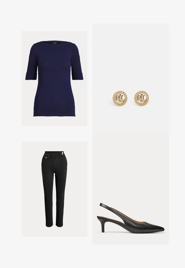 Navyblaues, figurbetontes Kurzarmtop mit rundem Ausschnitt und aufgeschlagenen Ärmeln.; Schwarze, figurbetonte Hose mit hoher Taille, dekorativen goldenen Knöpfen am Bund und einer kleinen Klappentasche auf der rechten Seite.; Schwarzer Leder-Slingback-Schuh mit spitzer Zehenpartie, niedrigem Kittenabsatz und dünnem Riemen um die Ferse.; Goldene Steckerohrringe mit einem Seil-Design und einem geprägten "RL" Logo in der Mitte. Runde Form und glatte Oberfläche.