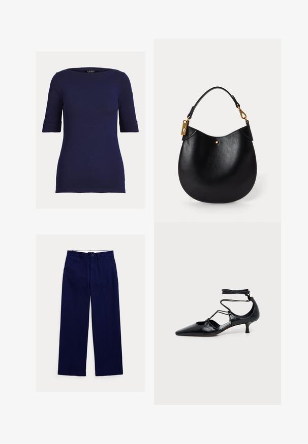Top ajustado de manga corta en azul marino con escote redondo y mangas con puños.; Pantalones azul marino de corte recto con trabillas para cinturón, cierre frontal con botones y bolsillos laterales sobre fondo blanco.; Zapato negro de tacón bajo tipo kitten con puntera puntiaguda, tiras alrededor del tobillo y detalles de recortes a los lados, mostrado sobre un fondo claro y liso.; Bolso de cuero negro con forma redondeada, asa corta, herrajes dorados y un sutil acento de punto dorado en el frente. Textura suave.