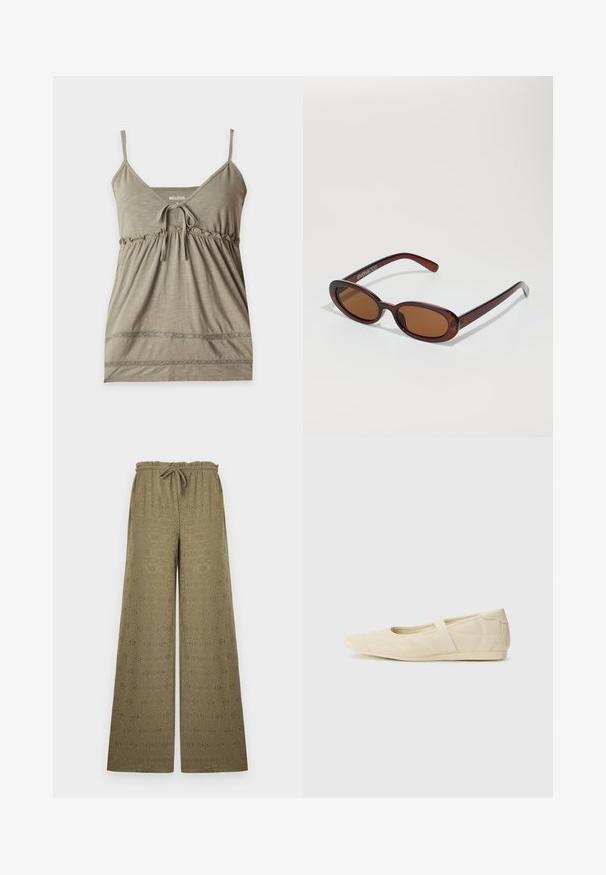 Haut camisole vert olive sans manches avec fines bretelles, encolure en V, détail lien à l'avant, taille froncée et bordure en dentelle près de l'ourlet.; Pantalon kaki à jambes larges avec motif à œillets, taille élastique et cordon, présenté sur un fond clair uni.; Ballerines beiges avec une exterior en cuir lisse, un bout en forme d'amande et une sangle élastique sur le coup de pied, avec des détails de couture subtils.; Lunettes de soleil rondes teinte brun avec une monture bordeaux brillante. Branches fines avec un détail de marque subtil. Design de verres plats.