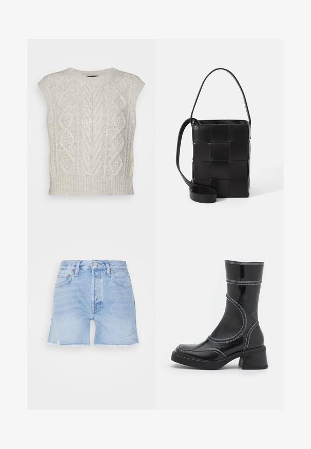 rag & bone BRODY VEST - Top - light grey; Denim shorts i lys blå med en frynset kant. Har klassisk fem-lomme design, knaplukning og let slid på stoffet.; Sort patenteret læder ankelstøvle med hvid stikning, rund tå og blokhæl. Har buede designlinjer og en glat tekstur.; Sort lædertaske med fletdesign. Rektangulær form, kort håndtag og justerbar rem. Glat tekstur med en mat finish.