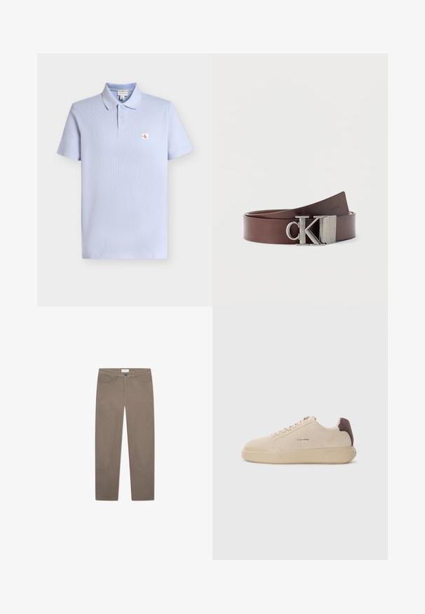 Lys blå polo med korte ærmer, to knapper, krave og lille rød og hvid CK-logo på venstre bryst.; Brune bukser med lige snit, der har forlommer og accentuerende syninger langs siderne for ekstra detaljer og tekstur.; Beige ruskind sneakers med rund tå, snørret foran og en brun ruskindsdetalje på hælen. Har en tekstureret gummisål.; Brunt læderbælte snoet med metalisk "CK" logo-spænde, minimalistisk design på ensfarvet hvid baggrund.