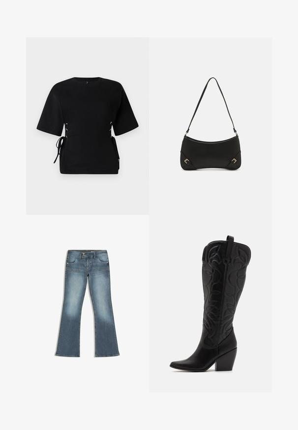 Haut noir à manches courtes avec un col rond. Présente un laçage style corset sur les côtés avec des liens noirs et des œillets argentés. Matière en coton.; Jean en denim bleu avec une légère évasement au niveau des jambes, fermeture à boutons devant avec deux boutons, et poches plaquées à l'avant.; Bottes hautes en cuir noir jusqu'aux genoux avec bout pointu et talon empilé. Caractéristiques de coutures décoratives et éléments de design courbés.; Call it Spring KOURTNEY - Sac à main - black