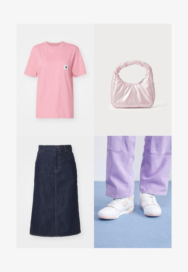 Carhartt WIP POCKET - T-shirt basic - dusty rose; Donkere spijkerrok met een hoge taille, recht gesneden, voorzakken en gestikte naden. Voorzien van een rits en knoopsluiting op de taille.; Witte sneakers met roze accenten, bovenkant van gestructureerd leer en rubberen zool, gecombineerd met lichtpaarse wijde broek op een blauwe ondergrond.; Roze, gevoerde handtas met een afgeronde vorm, gemaakt van glanzend materiaal. Beschikt over een geplooide handgreep en een ritssluiting voor veilige toegang.