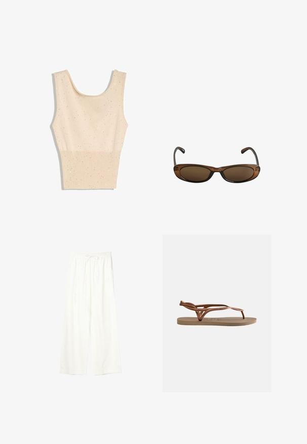 Kremfarvet strikket ærmeløs cropped top med brede stropper og diskrete spredte palietglimt.; Hvide bukser med vide ben, elastisk talje og snøre, lavet af letvægtsstof.; Flad sandal med beige sål og metallisk roseguld flettede remme, udstyret med en tåkappe og hælrem for sikker pasform.; Brune ovale solbriller med tynde stel og mørketonede linser vist mod en hvid baggrund.