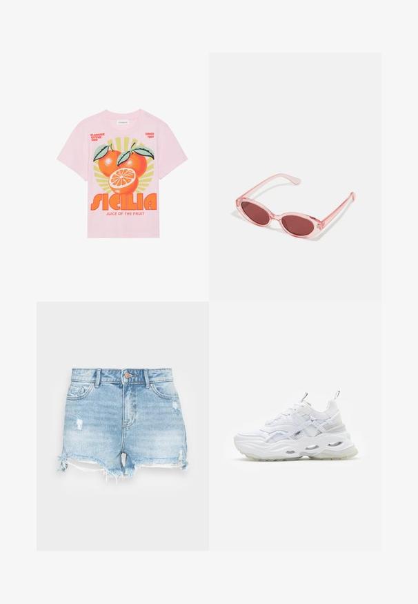 Camiseta de algodón rosa con un gráfico vibrante de tres naranjas con hojas, un fondo de rayos de sol y el texto en negrita "SICILIA JUGO DE LA FRUTA."; Shorts de mezclilla en azul claro con un acabado desgastado, dobladillo deshilachado y diseño clásico de cinco bolsillos. Presenta un cierre de botón metálico.; Zapatilla blanca con suela gruesa, parte superior de malla y sintético en capas, con acentos estampados, sistema de cordones y tira de agarre.; Gafas de sol transparentes rosas con lentes ovalados, tinte rojo oscuro y varillas delgadas, con un acabado suave y detalles sutiles en la montura.