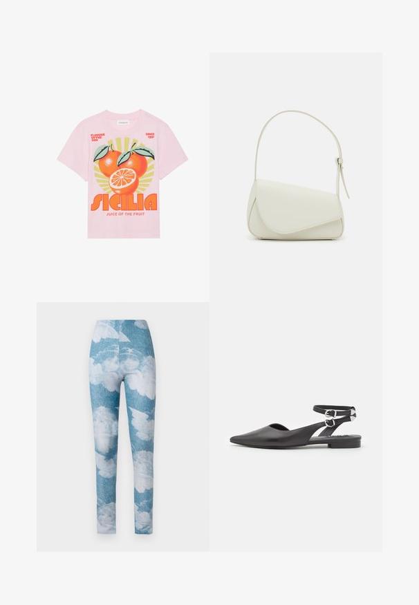 Lyserød bomulds T-shirt med et farverigt grafik af tre appelsiner med blade, en solstrålebaggrund og fed tekst "SICILIA JUICE OF THE FRUIT."; Leggings med en blå denim baggrund og hvide sky mønstre. Stoffet synes strækbart med en tætsiddende design og ankel længde.; Sorte læderflade sko med spids tå, ankelrem og spænde detaljer. Har en lille, lav hæl og et åbent sides design.; Hvid taske i faux læder med en struktureret trekantet form, enkelt justerbart skulderstrop og en flaplås med kurver.