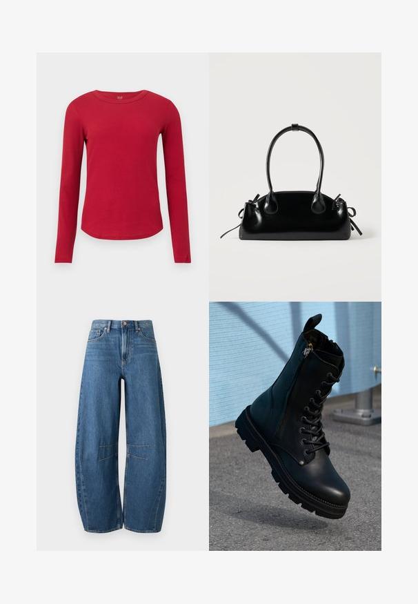 Langærmet rød ribstrikket bluse med rund hals, buet skørt, tætsiddende silhuet og GAP-mærke inde i kraven.; Blå vidde jeans med høj talje, forlommer, knaplukning og knæ-søm detalje på lys baggrund.; Sorte læder ankel støvler med snørebånd, sidelås, tekstureret overflade og en robust sål med fremtrædende slidbaner.; Lille sort blank håndtaske med to lange håndtag og snøre-detaljer i siden på en ensfarvet lys baggrund.