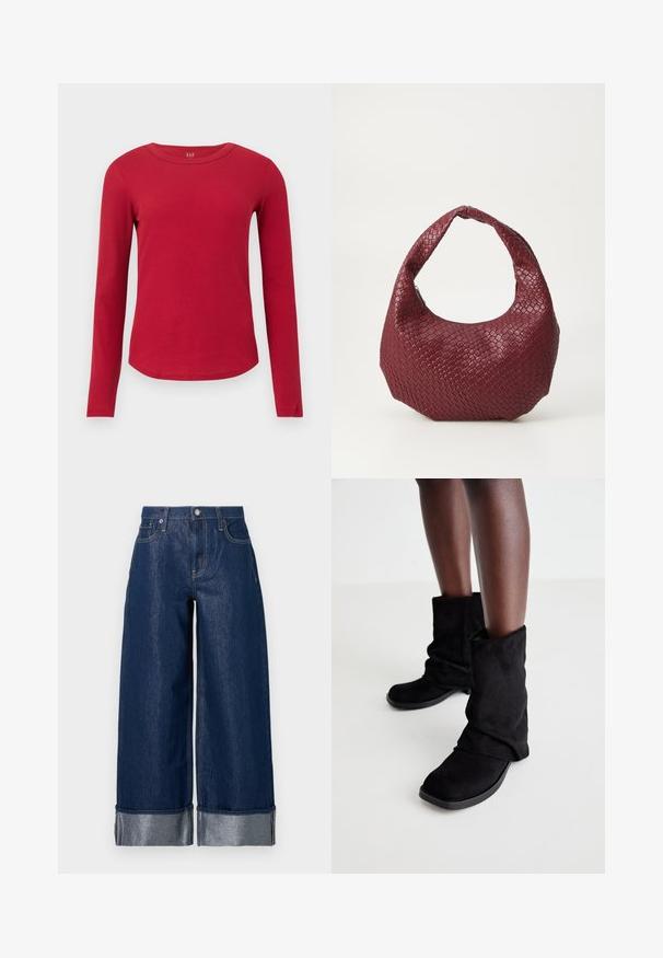 Langärmliges rotes, geripptes Oberteil mit Rundhalsausschnitt, geschwungenem Saum, figurbetonter Silhouette und GAP-Label innen am Kragen.; Dunkelblaue, weite Jeans mit hohem Bund, Fünf-Taschen-Design und umgekrempelten Säumen, die ein helleres Innenfutter zeigen.; Schwarze Wildleder-Ankle Boots mit einem lässigen Design, flacher Sohle und quadratischer Zehenpartie, präsentiert auf dunklen Beinen vor einem hellen Hintergrund.; Geflochtener burgunderfarbener Handtasche mit einer runden Silhouette, einem einzelnen Griff und einer strukturierten Oberfläche. Reißverschluss oben.