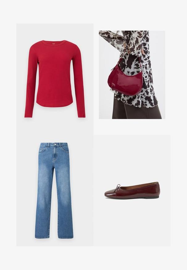 Langærmet rød ribstrikket bluse med rund hals, buet skørt, tætsiddende silhuet og GAP-mærke inde i kraven.; Lysblå denim jeans med høj talje, vidde ben design, fem lommer og synlige syninger. Glat tekstur med let falmning.; Bordeaux patentlæder balletflad med rund tå, lille sløjfeaccent foran og en lav, sort gummisål. Glat tekstur.; Kvinde iført en sort- og hvidmønstret bluse, der holder en blank rød skuldertaske mod en ensfarvet baggrund.