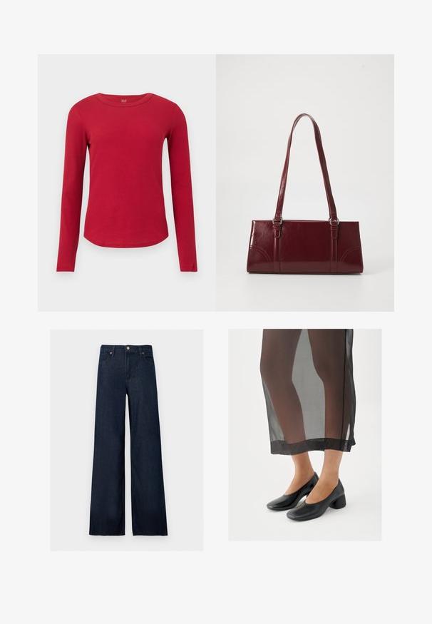 Langærmet rød ribstrikket bluse med rund hals, buet skørt, tætsiddende silhuet og GAP-mærke inde i kraven.; Mørkeblå vidde jeans i denim med frontknap, bæltestropper og fem-lomme design på en ensfarvet baggrund.; Sorte sko med blokhæle og glat læderfinish, båret med et gennemsigtigt sort skørt med en ren kant og minimalistisk design.; Bordeaux håndtaske lavet af glansfuldt materiale, rektangulær form, med to skulderremme og subtile buede detaljer på forsiden.